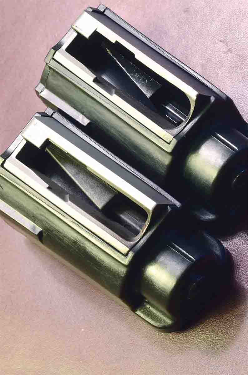 Magazines for the 77/44 (top) and 77/357 (below) are tailored to fit the specific cartridge.